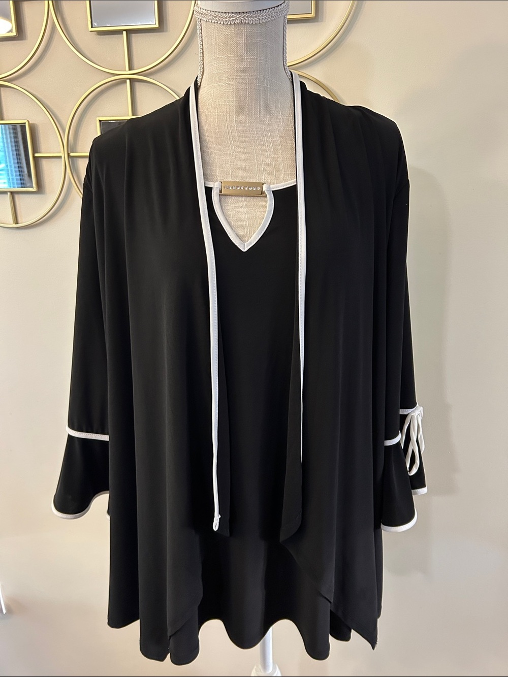 Vintage woman’s black blouse cardigan, two in one open front with white trim 2X
